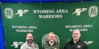 
			
				                                Mario Belza, one of the leaders of a winning Wyoming Area golf team, has committed to King’s College to continue his academic and athletic careers. As a senior, Belza tied for fourth in the annual Tom Tryba Tournament and came within a playoff of reaching the District 2 Class 3A individual tournament. From left, first row: Jay Belza, Mario Belza, Rob Belza and Nina Belza. Second row: Joe Pizano, Wyoming Area athletic director; Gordon Williams, golf coach; and Eric Speece, principal.
 
			
		