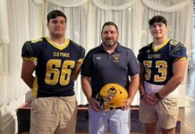 
			
				                                Old Forge was represented at Lackawanna Football Conference Media Day by, from left, Jake Lucarelli, coach Mike Schuback and Will Wozniak.
                                 Tom Robinson | For Sunday Dispatch

			
		