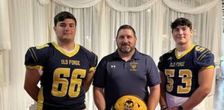 
			
				                                Old Forge was represented at Lackawanna Football Conference Media Day by, from left, Jake Lucarelli, coach Mike Schuback and Will Wozniak.
                                 Tom Robinson | For Sunday Dispatch

			
		