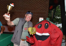 
			
				                                Ned Sandercock proudly raises his trophy for the 2024 Pittston Tomato Festival’s largest tomato as he poses with festival mascot Stu.
                                 Tony Callaio file photo | For Sunday Dispatch

			
		