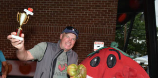 
			
				                                Ned Sandercock proudly raises his trophy for the 2024 Pittston Tomato Festival’s largest tomato as he poses with festival mascot Stu.
                                 Tony Callaio file photo | For Sunday Dispatch

			
		