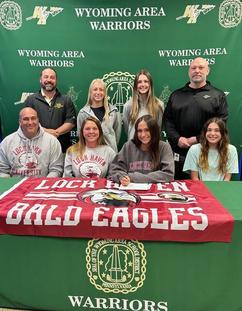 131719233_web1_IMG_8268
Ainsley Flynn celebrated her commitment to Lock Haven University with a signing ceremony at Wyoming Area High School in April. From left, first row: Brian Flynn, father; Katye Flynn, mother; Ainsley Flynn; Delaney Flynn, sister. Second row: Joe Pizano, Wyoming Area athletic director; Bree Bednarski, head coach; Christina Granteed, assistant coach; and Eric Speece, principal.
Submitted Photo