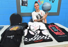 
			
				                                Professional basketball player and Pittston native, Mia Hopkins, sits in front of a table of Hopkins own merchandise brand at the Greater Pittston YMCA during a basketball camp she held.
                                 Tony Callaio | For Sunday Dispatch

			
		
