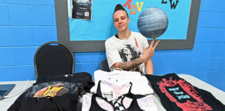 
			
				                                Professional basketball player and Pittston native, Mia Hopkins, sits in front of a table of Hopkins own merchandise brand at the Greater Pittston YMCA during a basketball camp she held.
                                 Tony Callaio | For Sunday Dispatch

			
		