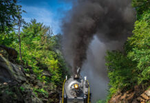 
			
				                                Steam locomotive #2102 blasts through Glen Onoko northbound in Lehigh Gorge State Park.
                                 Photo courtesy of Mark Turkovich

			
		