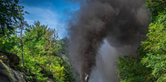 
			
				                                Steam locomotive #2102 blasts through Glen Onoko northbound in Lehigh Gorge State Park.
                                 Photo courtesy of Mark Turkovich

			
		