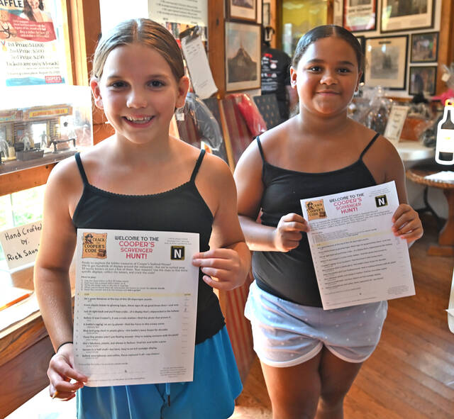 <p>Evelyn Gilbert, left, and Aniyah Datilus, right, both 9 years old, took part in the Cooper’s Scavenger Hunt while at the Dr. Jen’s Hope fundraiser at the seafood restaurant, Scranton.</p>
<p>Tony Callaio | For Sunday Dispatch</p>
