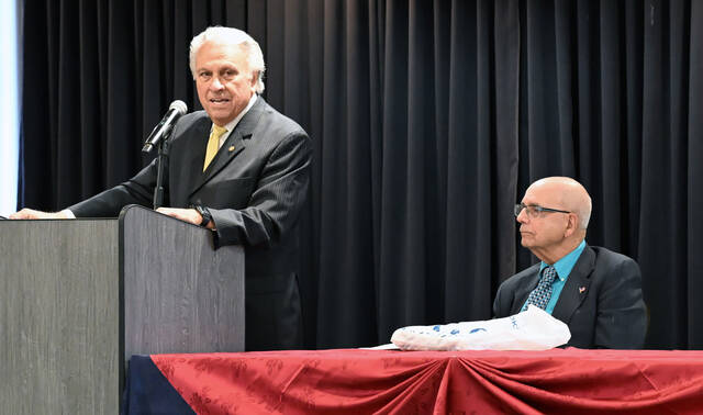 131733954_web1_GRG-2025-Conference
State Rep. Eddie Day Pashinski, left, will speak at the 19th annual Grandparents Raising Grandchildren (GRG) at the Woodlands on Friday, Oct. 24 from 9:00 a.m. to 3:00 p.m. Howard Grossman, GRG Coalition, welcomed those attending the conference earlier in the day.