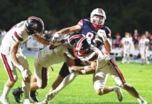 
			
				                                Pittston Area tight end John Jadus (84) hauls in a Paulie Ferentino pass to the 3-yard line against North Pocono.
                                 Tony Callaio | For Times Leader

			
		
