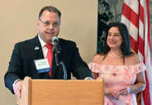 
			
				                                Attorney Girard Mecadon, Greater Pittston Chamber of Commerce board chair, along with Michelle Mikitish, chamber president, kick off the 105th annual dinner meeting at Fox Hill Country Club on Aug. 28.
                                 Tony Callaio | For Sunday Dispatch

			
		