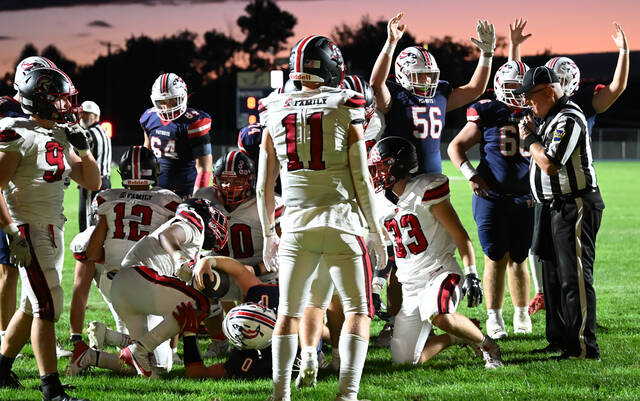 <p>Senior Brody Spindler (0) is shown crossing the goal line for Pittston Area for a Patriot touchdown, cutting the deficit in half against North Pocono, 14-7 at halftime.</p>
<p>Tony Callaio | For Sunday Dispatch</p>