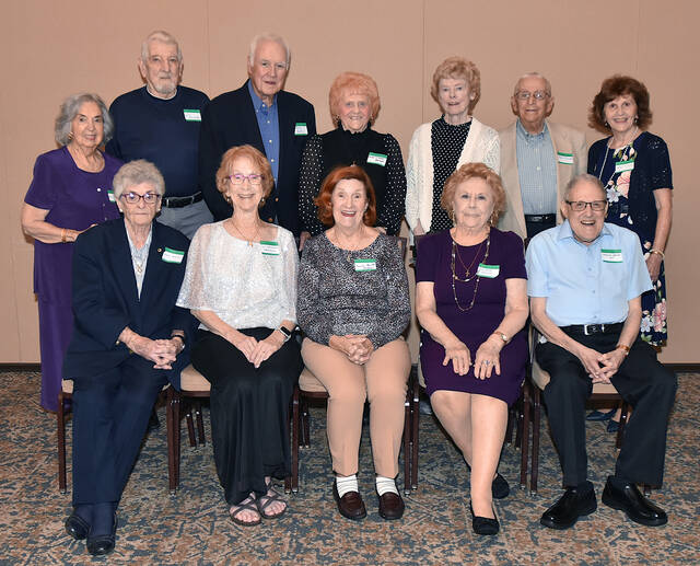 131781416_web1_WPHS-Class-55-Reunion
The West Pittston High School Class of 1955 held a 70th class reunion at Fox Hill Country Club, Exeter. Seated left to right: Joan Houston Burton, Ceil Skowronski Grobleswski, Cecile Kerber Manta, Barbara Troynacki Phillips, Cataldo Lazari. Standing: Mary Jane Tomasetti, Joseph Ruane, Martin Quinn, Micki Ciampi Briggs, Agnes McDermott Finnan, Fred Finnan and Rosalie Ciampi Bugelholl.
Tony Callaio | For Sunday Dispatch
