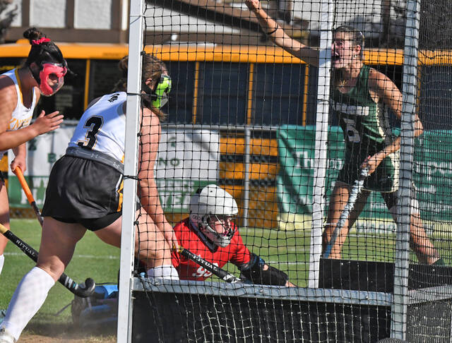 <p>Lucia Campenni, right, raises her arms after she scored her first goal on an assist from teammate Nina Belza, as the second quarter expired.</p>
<p>Tony Callaio | For Sunday Dispatch</p>