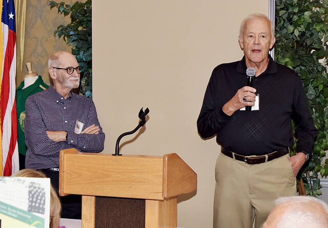 131814221_web1_WPHS-2025-All-Class-Reunion-1
Ronald Rogers, right, leads the West Pittston all-class reunion held at Fox Hill Country Club in singing the schools alma mater with Craig Robertson looking on.
Tony Callaio | For Sunday Dispatch