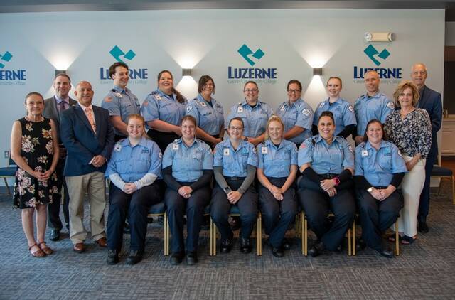 131825837_web1_Screenshot-2025-10-02-143708
Luzerne County Community College celebrated the achievements of the Emergency Medical Services Program Class of 2025 at the 26th Annual Commencement, held Thursday, Aug. 14. From left, first row: Autumn Huseby, Mahanoy City; Natalie MacDonald, Mountain Top; Megan Harrigfeld, Peckville; Nicole McFarland, Hazleton; Carolina Montes, Old Forge; Kayla Williams, Coal Twp. Second row: Lisa Babbish, EMS assistant; Dr. David J. Schoenwetter, medical director; Stephen W. Fish, clinical coordinator; Ryan Padgett, Dickson City; Samantha McDonald, Drums; Haleigh Weitz, Lehighton; Beth Fisher, Mountain Top; Tara Bomgardner, Jonestown; Taylor Forry, Drums; Kevin Falahee, Pittston; Kim Olszewski, Dean of Nursing/Health Sciences; and Mark Ercolani, EMS program director.
Submitted Photo