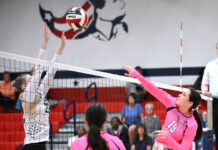 
			
				                                Patriot Jillian Haas (19) gets the ball over the outstretched arms of Warrior senior Sara Pealer (29) during Wednesday’s match at Pittston Area.
                                 Tony Callaio | Sunday Dispatch

			
		