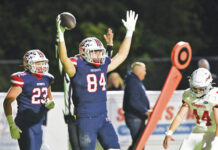 
			
				                                John Jadus (84) raises his arms after catching a 6-yard touchdown from Paulie Ferentino to give the Patriots a 21-0 halftime lead over Hazleton Area.
                                 Tony Callaio | For Times Leader

			
		