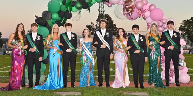 131847430_web1_WA-2025-Homecoming-Queen-Court
The Wyoming Area Class of 2026 presented their Homecoming Queen, Sofia Menta, and her Court on Oct. 3 during halftime of the home game against Hanover Area. The Homecoming Queen and Court and escorts are, from left: Taylor Gashi, Rob Yatsko, Sarah Willison, Liam Meier, Queen Sofia Menta, Bruno Pizano, Emma Kratz, Jaxon Pollard, Lucia Campenni and Jake Snyder.
Photo courtesy of Golden Photo Studio