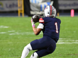 
			
				                                Junior Lucas LoPresto is shown catching his 99th career reception, an all-time Pittston Area record, during first-half action against Hazleton Area.
                                 Tony Callaio | For Times Leader

			
		