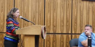 
			
				                                Wilkes-Barre/Scranton International Airport Assistant Executive Director Betty J. Teichman addresses Luzerne County Council about a proposed airport partnership agreement with Lackawanna County during Tuesday’s council work session. Councilman Jimmy Sabatino looks on.
 
			
		