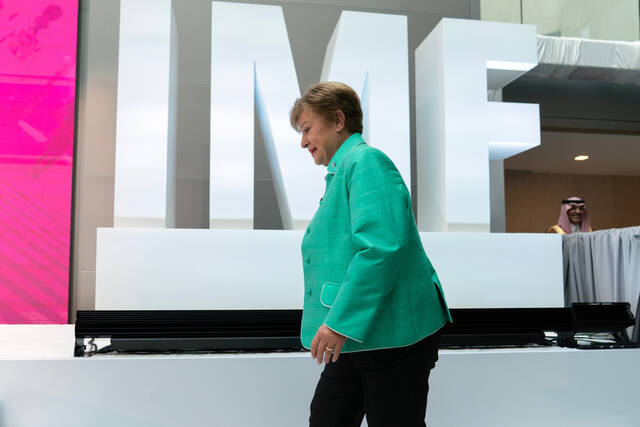 131863227_web1_AP25288610314847--1-
International Monetary Fund (IMF) Managing Director Kristalina Georgieva arrives to speak at Boosting Productivity Growth in the Digital Age conference during the World Bank/IMF Annual Meetings at the International Monetary Fund (IMF) headquarters in Washington, Wednesday, Oct. 15, 2025. (AP Photo/Jose Luis Magana)