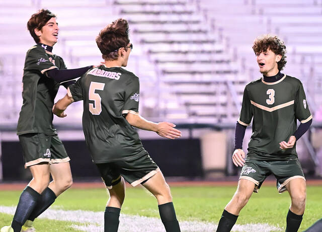 <p>Wyoming Area’s Connor Loghney (5) is about to get congratulated by his teammates after scoring the game’s first point against Pittston Area at 32:12 in the first half.</p>
<p>Tony Callaio | For Sunday Dispatch</p>