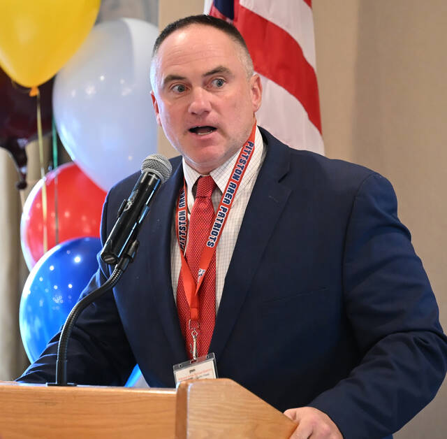 <p>Pittston Area Assistance Superintendent spoke in support of the school’s Patriots team in the annual rivalry game against Wyoming Area.</p>
                                 <p>Tony Callaio | For Sunday Dispatch</p>