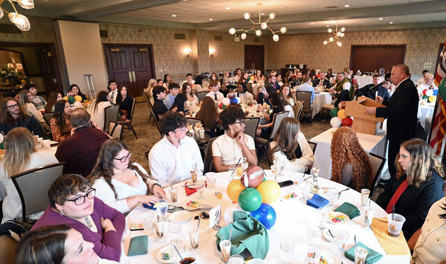 <p>Wyoming Area Head Football Coach Randy Spencer, far right, spoke to student-athletes, band members, cheerleaders, administration, and board members from Wyoming Area and Pittston Area, highlighting the tradition behind the annual rivalry game.</p>
                                 <p>Tony Callaio | For Sunday Dispatch</p>