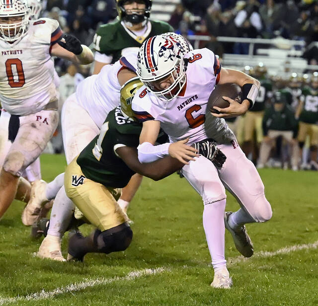 <p>Caden Reynolds (54) for Wyoming Area tackles Pittston Area’s Paulie Ferentino (6) for a loss in the backfield.</p>
<p>Tony Callaio | For Times Leader</p>