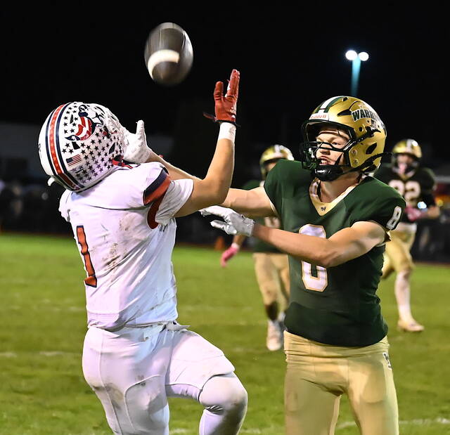 <p>Pittston Area’s Lucas LoPresto (1) hauls in a Paulie Ferentino pass with Wyoming Area’s Luke Kopetchny (8) defending.</p>
<p>Tony Callaio | For Times Leader</p>