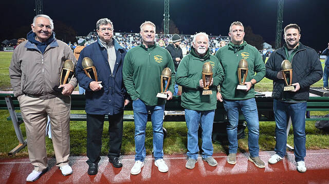 131882657_web1_2025-Ring-of-Pride-Class 
			
				                                Six new members were inducted into the Wyoming Area Ring of Pride during halftime of the annual Wyoming Area/Pittston Area game at Sobeski Stadium. From left: Ron DeLucca (WPHS 65), Tony Matreselva (70), Nicholas Giambra (97), Michael Crane (85), Ted Lasher (08), Trent Grove (13).
                                 Tony Callaio | For Sunday Dispatch