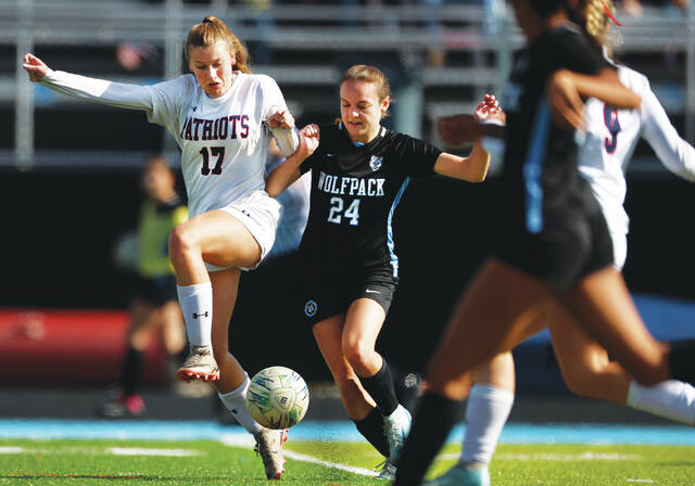<p>Pittston Area’s Isabella Pisano, left, and Wilkes-Barre Area’s Elizabeth Pachucki fight to control the ball in the first half of a District 2/4 Class 4A semifinal game.</p>
<p>Fred Adams | For Times Leader</p>