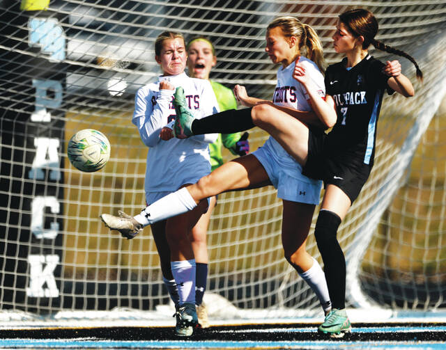 <p>Pittston Area’s Juliana Menendez helds to defend her goal against Wilkes-Barre Area’s Kathryn Buczynski, front, in the first half.</p>
<p>Fred Adams | For Times Leader</p>