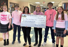 
			
				                                The Wyoming Area Catholic Builders Club held a bake sale to benefit Paint the Planet Pink (PPP), an organization created to battle breast cancer through research. From left: Mary Goffredo, grade 5; Maddox Klein, grade 7; Tiffany Callaio, WAC Builders Club advisor; Barbara Sciandra, PPP founder; Matt Shemo, grade 8; Scarlett O’Hop, grade 6.
                                 Submitted photo

			
		