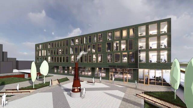 <p>The front-facing Pittston parkade with retail shops, a grocery store, and approximately 20 to 25 loft, one-bedroom, and two-bedroom apartments, as depicted in the architect’s rendering, located at the current site of the former Quinn’s Supermarket.</p>
<p>Submitted Artwork</p>