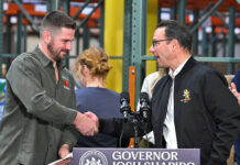 Gov. Shapiro supports SNAP; blames Washington ‘dysfunction’ for situation
PA Gov. Josh Shapiro, right, welcomed local apple farmer Logan Brace of Brace Orchards Farm to the podium.
Tony Callaio | For Sunday Dispatch
