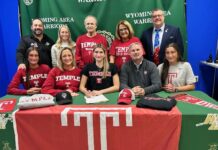Wyoming Area’s Lucia Campenni found many reasons to choose Temple
Wyoming Areas Lucia Campenni signed her NCAA Division I Letter of Intent this week to play field hockey at Temple University. From left, first row: Samara Campenni, sister; Chrissy Campenni, mother; Lucia Campenni; Tom Campenni, father; and Ella Campenni, sister. Second row: Joe Pizano, Wyoming Area athletic director; Bree Bednarski, head coach; Sam Mantione, grandfather; Josie Mantione, grandmother; and Jon Pollard, superintendent.
Submitted Photo