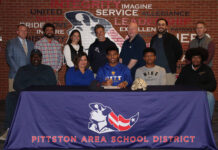 Pittston Area’s Elijah Barr taking arm, bat to Pitt
Pittston Areas Elijah Barr signed his NCAA Division I Letter of Intent this week to play baseball at the University of Pittsburgh. From left, first row: Brian Barr, Marissa Barr, Elijah Barr, Josh Barr, and Isaiah Barr. Second row: Chris Lazevnick, Pittston Area principal; Joseph Struckus, athletic director; Elana Bruno, assistant athletic director; Paul Zaffuto, head coach; John Richards, coach; Kyle Turonis, coach; and Chris Barnic, vice principal.
Submitted Photo