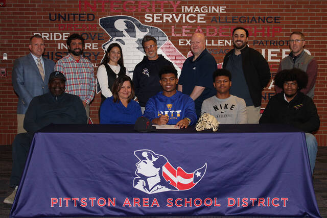 131932793_web1_ElijahBarr
Pittston Areas Elijah Barr signed his NCAA Division I Letter of Intent this week to play baseball at the University of Pittsburgh. From left, first row: Brian Barr, Marissa Barr, Elijah Barr, Josh Barr, and Isaiah Barr. Second row: Chris Lazevnick, Pittston Area principal; Joseph Struckus, athletic director; Elana Bruno, assistant athletic director; Paul Zaffuto, head coach; John Richards, coach; Kyle Turonis, coach; and Chris Barnic, vice principal.
Submitted Photo