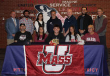 Pittston Area’s Beau Widdick selects UMass for baseball
Pittston Areas Beau Widdick signed his NCAA Division I Letter of Intent this week to play baseball at the University of Massachusetts. From left, first row: John Widdick, Milania Widdick, Beau Widdick, Leslie Widdick, and Bob Starna. Second row: Chris Lazevnick, Pittston Area principal; Joseph Struckus, athletic director; Elana Bruno, assistant athletic director; Paul Zaffuto, head coach; John Richards, coach; Kyle Turonis, coach; and Chris Barnic, vice principal.
Submitted Photo