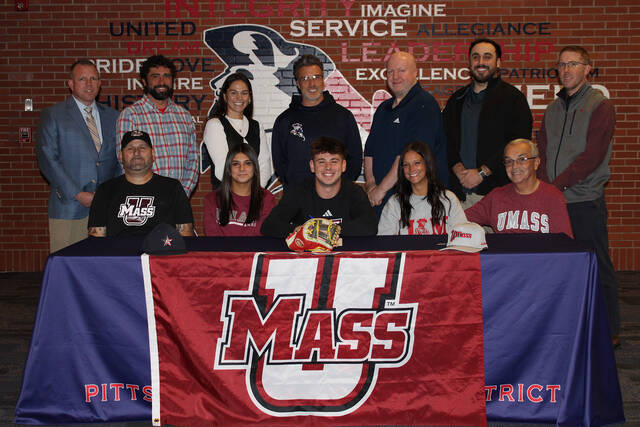 131932817_web1_Beau-Widdick
Pittston Areas Beau Widdick signed his NCAA Division I Letter of Intent this week to play baseball at the University of Massachusetts. From left, first row: John Widdick, Milania Widdick, Beau Widdick, Leslie Widdick, and Bob Starna. Second row: Chris Lazevnick, Pittston Area principal; Joseph Struckus, athletic director; Elana Bruno, assistant athletic director; Paul Zaffuto, head coach; John Richards, coach; Kyle Turonis, coach; and Chris Barnic, vice principal.
Submitted Photo