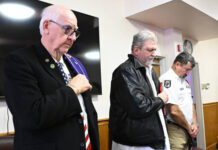Exeter Borough honors veterans
Members of the VFW Post 6518 pause for the National Anthem at the start of the Exeter Borough Veterans Day program. Shown are veterans, from left: Jerry Stofko, Sid Booth, and Jeff Donnora.
Tony Callaio | For Sunday Dispatch