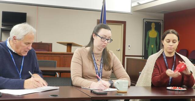 131947716_web1_tiebreak
At a public session Friday, Luzerne County Election Bureau workers broke write-in ties in approximately 139 Nov. 4 general election races that had no candidates appearing on the ballot. The process involves the use of numbered balls shaken in a container. County Election Director Emily Cook said general election winners, including those in write-in races, will receive election certificates the first or second week of December, stressing certificates wont be issued to candidates with overdue campaign finance reports and related unpaid fines. From left, are: Election Deputy Director Steve Hahn, Cook, and Election Deputy Chief Clerk Amanda Latoski.
Jennifer Learn-Andes | Times Leader