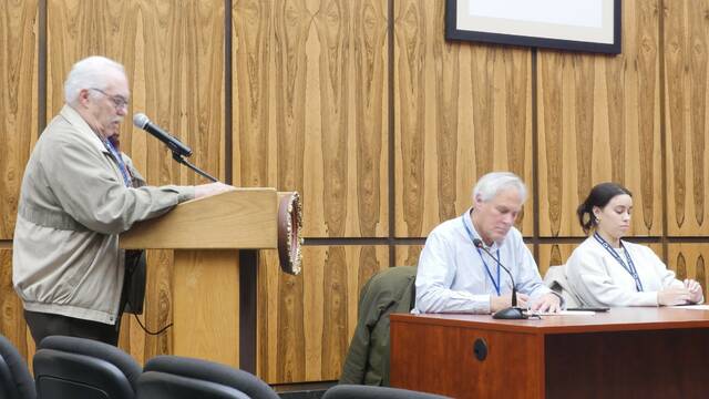 <p>Luzerne County Controller Walter Griffith speaks during Monday’s county Election Board meeting. Seated to the right are county Deputy Election Director Steve Hahn and Election Deputy Chief Clerk Amanda Latoski.</p>
<p>Jennifer Learn-Andes | Times Leader</p>