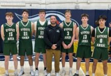 WYOMING AREA BOYS BASKETBALL: Overtime victory puts Warriors at 4-0
The Wyoming Area boys basketball team, which is off to a 4-0 start, was represented at Coaches vs. Cancer Media Day in Scranton by, from left: Liam Meier, Bruno Pizzano, Drew Keating, head coach Anthony Macario, Luke Kopetchny, Mitchell Rusinchak, and Shane Pepe.
Tom Robinson | For Sunday Dispatch