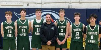 
			
				                                The Wyoming Area boys basketball team, which is off to a 4-0 start, was represented at Coaches vs. Cancer Media Day in Scranton by, from left: Liam Meier, Bruno Pizzano, Drew Keating, head coach Anthony Macario, Luke Kopetchny, Mitchell Rusinchak, and Shane Pepe.
                                 Tom Robinson | For Sunday Dispatch

			
		