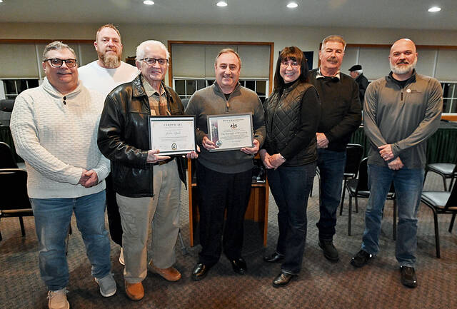 131996116_web1_Wyoming-Boro-140th-2
During the December and final council meeting of 2025, the Borough of Wyoming was recognized by PA State Rep. Brenda Pugh on its 140th anniversary. Also recognized was outgoing councilman John Lipsky by borough officials. Shown are council officials, left to right: Joseph Scaltz, Russel Herron, Lipsky, Michael Baloga, borough president, Pugh, Robert Borzell, Joseph Dominick, borough mayor.
Tony Callaio | For Sunday Dispatch