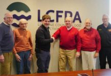 Christopher Belleman attends last board meeting as Wyoming Valley Levee overseer
Luzerne County Flood Protection Authority Executive Director Christopher Belleman, fourth from left, is congratulated following Tuesdays meeting the last before his Jan. 9 retirement. Authority Board members, from left, are: Vice Chairman William Hardwick, John Maday, Chairman Dominic Yannuzzi, Coray Mitchell and Jay Delaney.
Jennifer Learn-Andes | Times Leader
