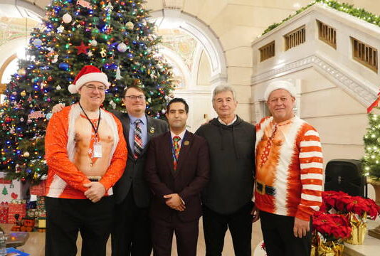 
			
				                                Luzerne County Council Chairman John Lombardo, center, presented proclamations in the county courthouse rotunda on Tuesday in recognition of four colleagues who are wrapping up their terms this month. The four departing members, from left: Brian Thornton, Greg Wolovich, Chris Perry, and Kevin Lescavage. Some council members wore holiday attire since it was the last meeting of the year.
                                 Jennifer Learn-Andes | Times Leader

			
		