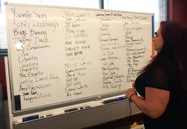 132018189_web1_election1
During post-election adjudication in June, Luzerne County Election Board Vice Chairwoman Alyssa Fusaro adds a name to a dry erase board that illustrates the volume of May 20 primary election voters who cast write-in votes in jest. The log expanded to both sides of the board. Officials say the use of silly names slows down the write-in processing.
Jennifer Learn-Andes | Times Leader